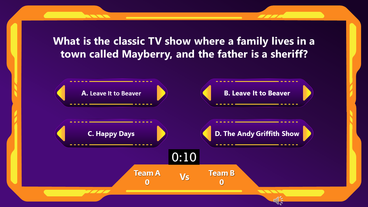 Quiz question PowerPoint slide with four answer options on an orange frame and purple backdrop.