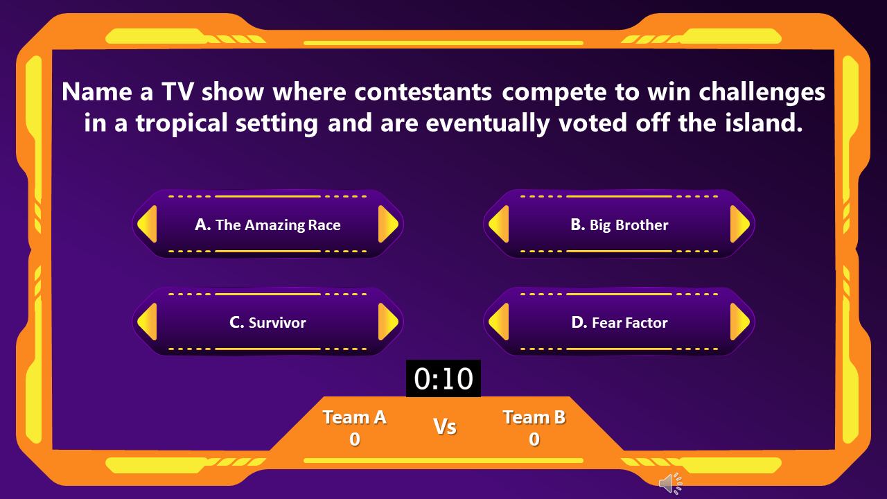 Quiz question PowerPoint slide with a question and four answer options on a purple backdrop with an orange frame.