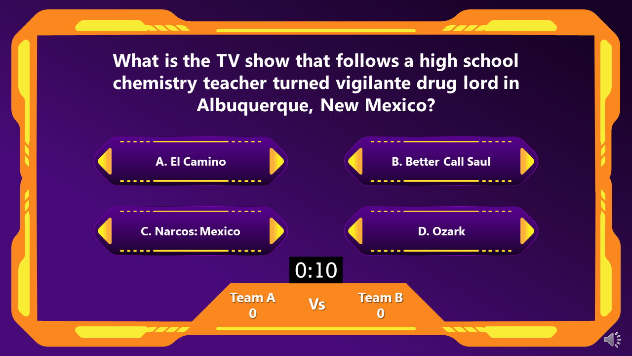 A game show style question with a purple and orange background, featuring answer options.