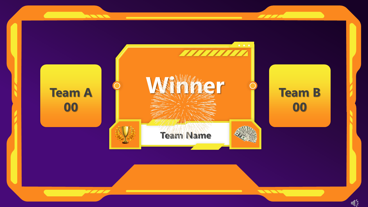 A purple and orange theme quiz game result screen displaying the winner, with large text and fireworks.