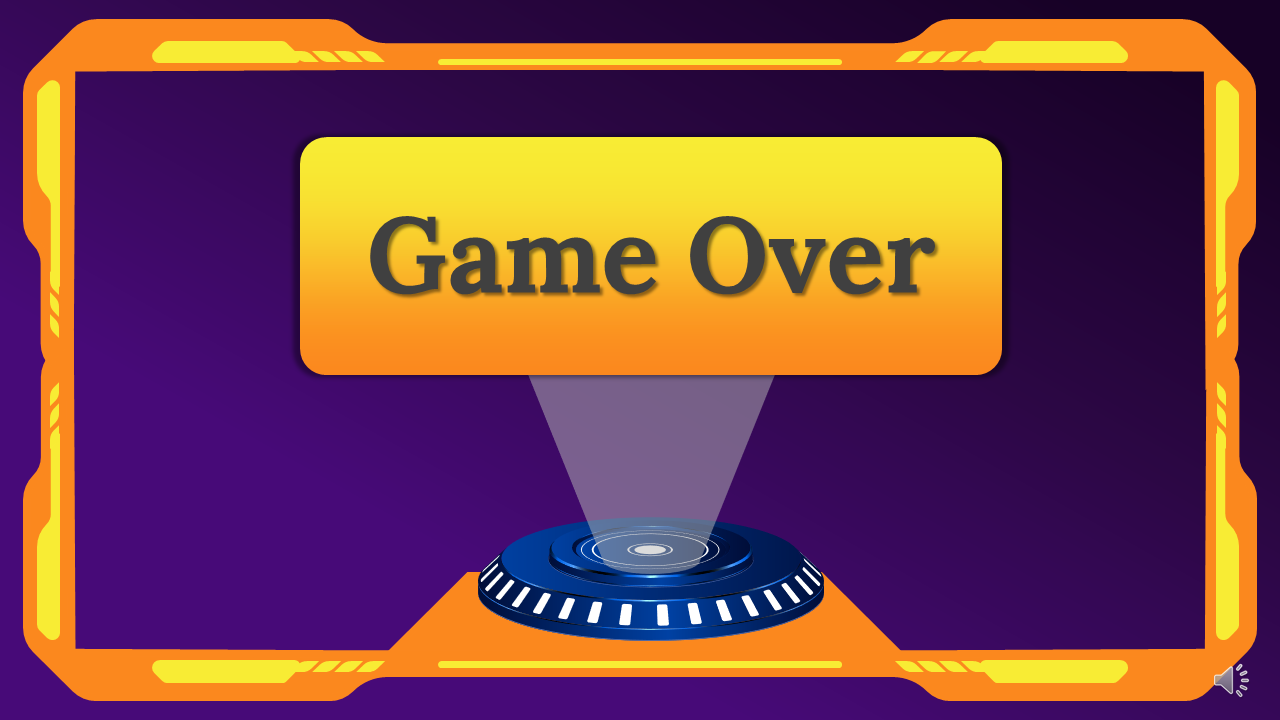 A slide features a game over the screen with the text illuminated by a spotlight on a purple and orange backdrop.