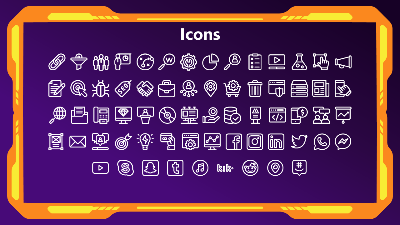 A collection of white icons related to business, social media, and analysis is displayed on a purple background.