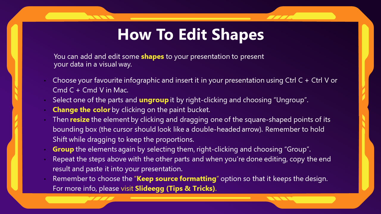 A guide on editing shapes for presentations with a detailed process, displayed on a vibrant purple and orange background.