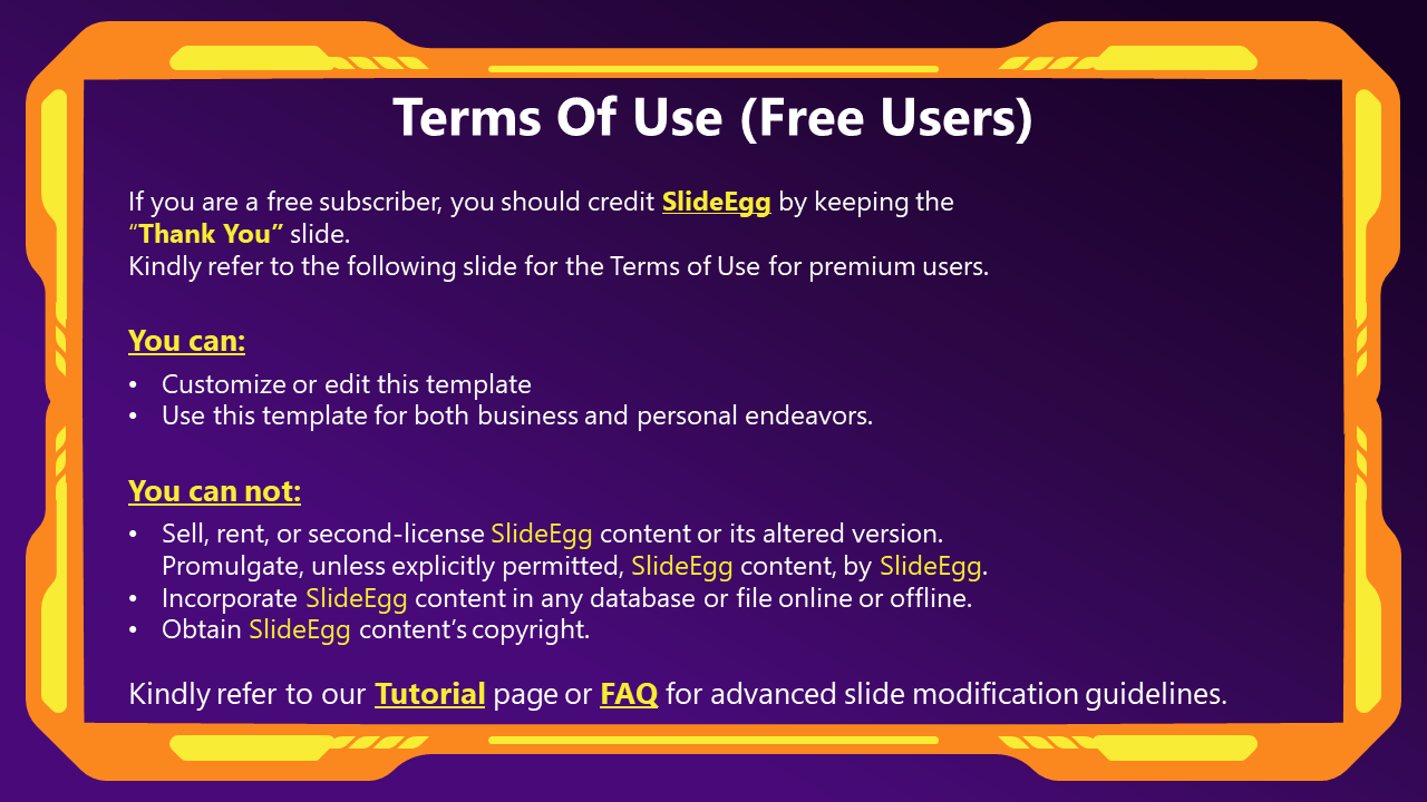 Terms of Use slide for free SlideEgg users, detailing the permission to customize and use templates with restrictions.
