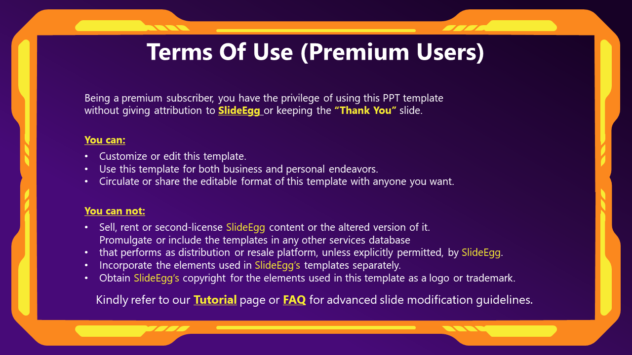 Terms of Use for premium SlideEgg users, allowing full customization and sharing of templates without attribution.