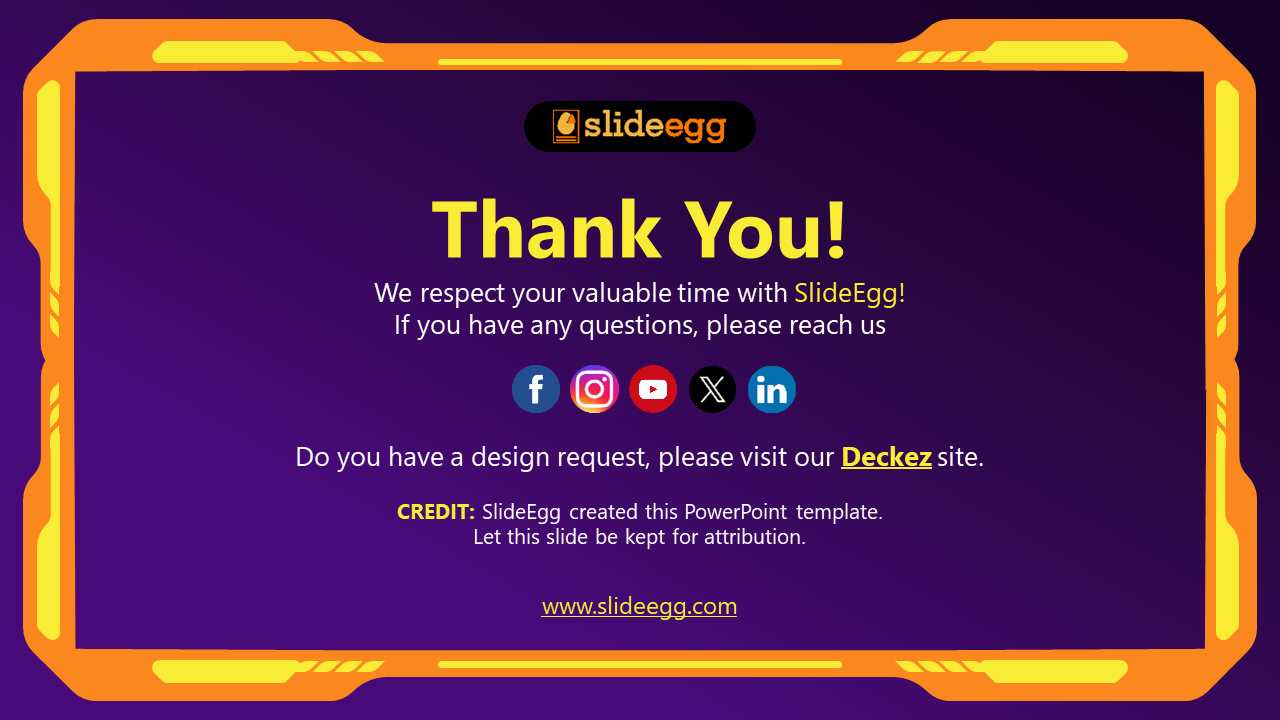 Thank you slide from SlideEgg, with contact info and social media links for inquiries and design requests on purple backdrop.
