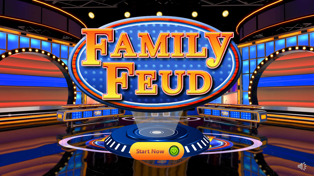Family Feud game show logo with a start now button and a game show set background featuring bright blue and orange lights.