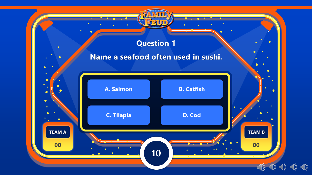 A blue family feud style question screen asking name a seafood often used in sushi, with four multiple choice options.