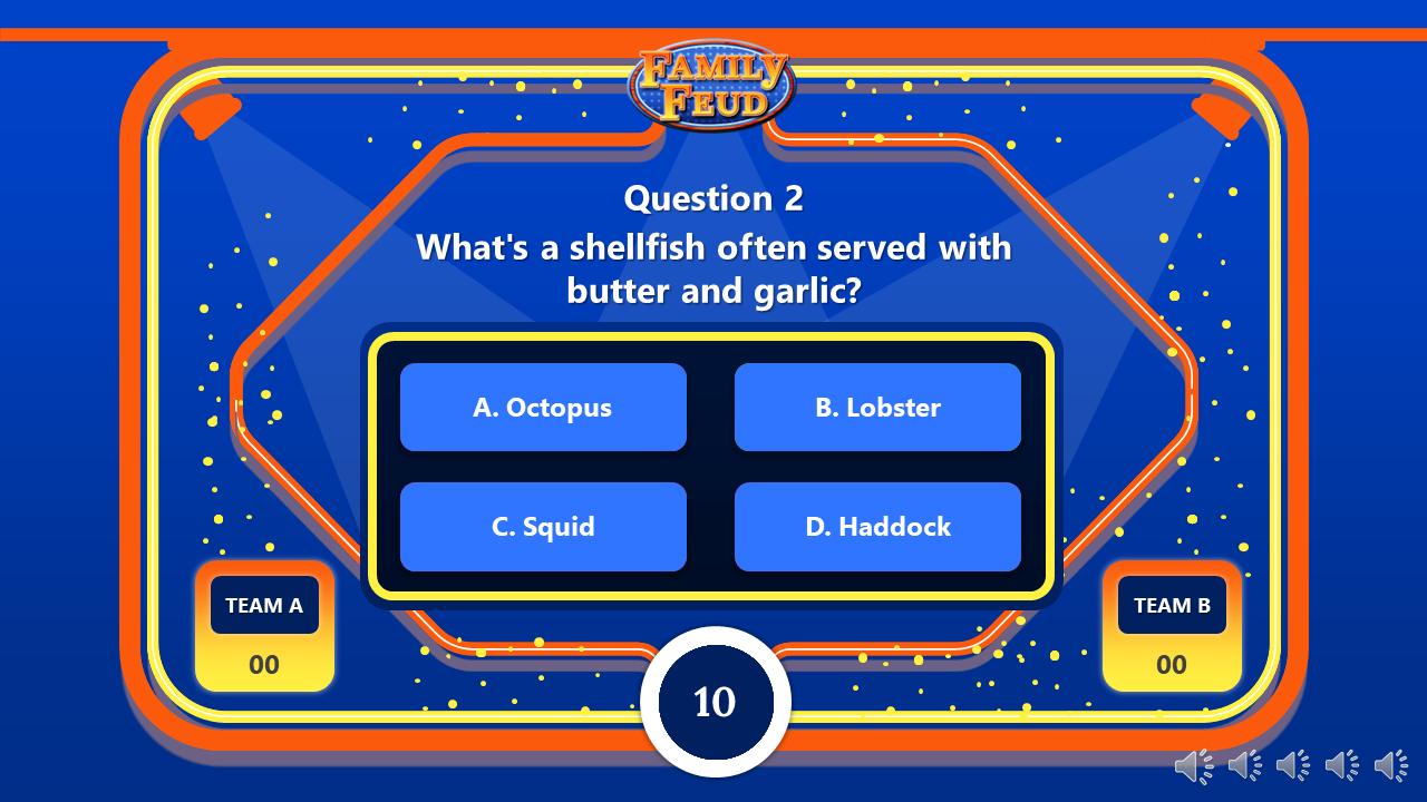 Family Feud style question screen with multiple choice answers displayed below on a blue backdrop.