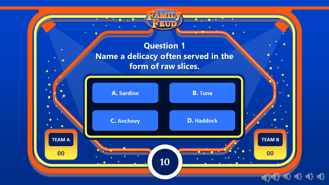 Blue family feud question screen displaying options for a seafood delicacy served raw in an orange border.
