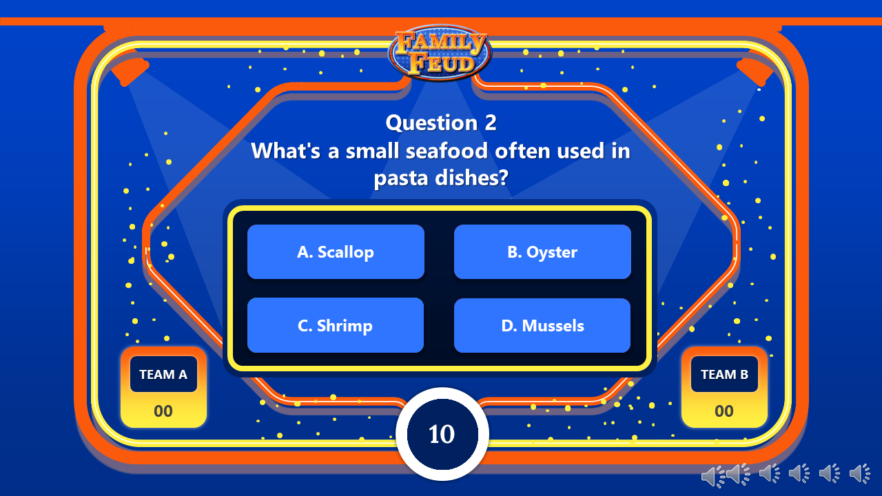 Blue family feud question screen slide displaying options for a seafood delicacy served raw in an orange border.