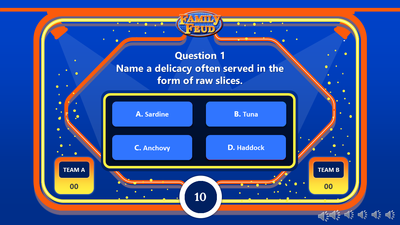 Blue themed family feud game screen displaying a question about a delicacy often served raw with 4 multiple choice options.