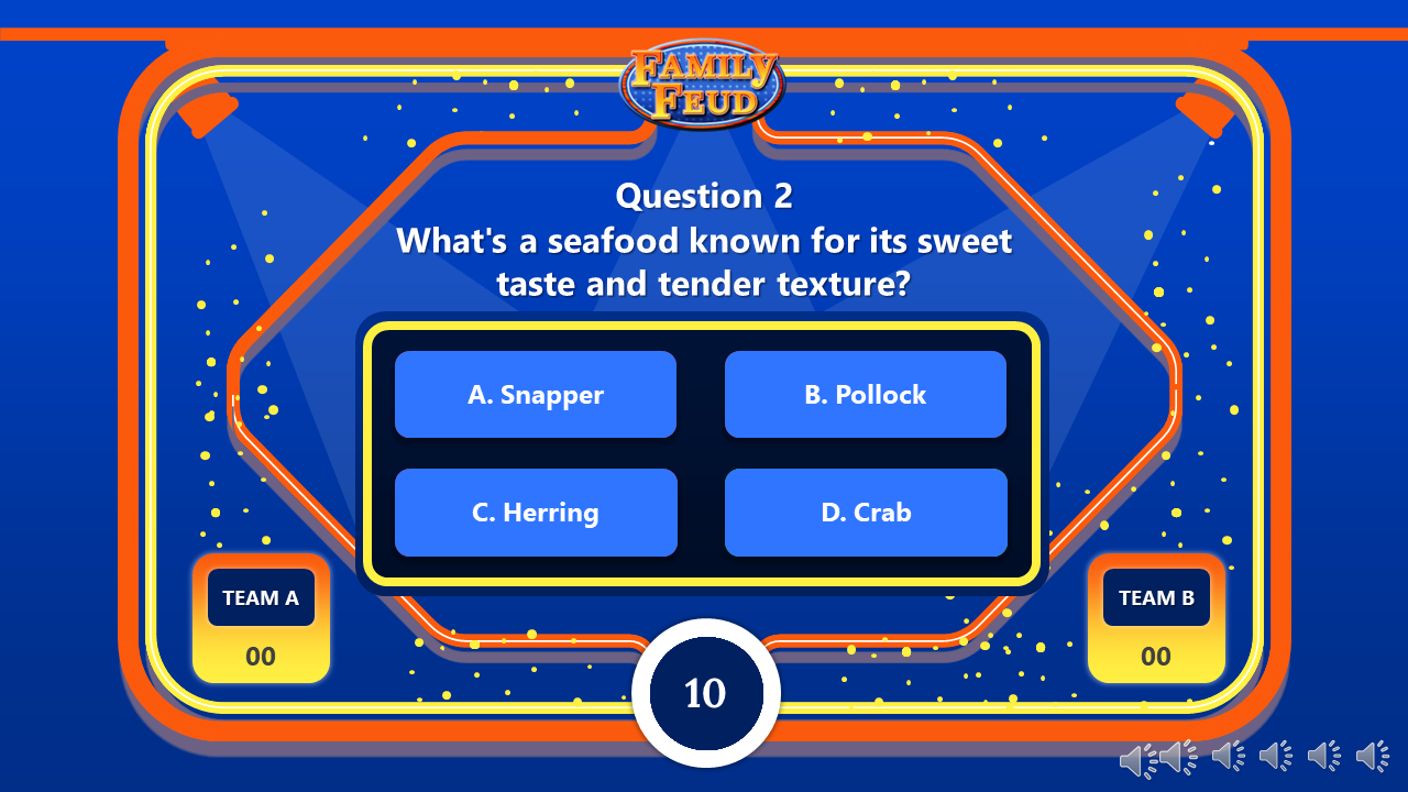 Blue themed family feud game screen displaying a question about a delicacy often served raw with multiple choice options.