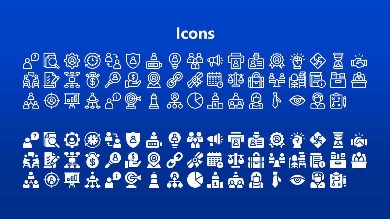 A collection of various business and process icons, all in white on a blue background.