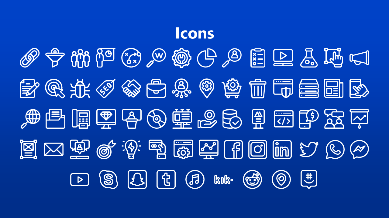 Collection of various icons including symbols for business, social media, and technology in white outline on blue background.
