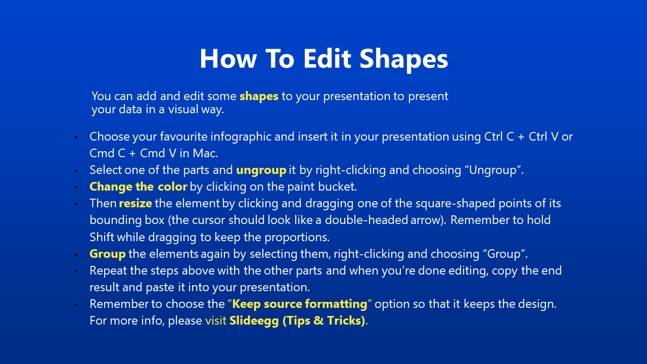 Instructions on how to edit shapes in a presentation, including steps to ungroup, resize, change colors, and group elements.
