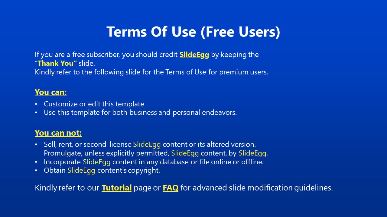 A slide detailing the terms for free users of SlideEgg, including the permission to customize templates in a blue theme.