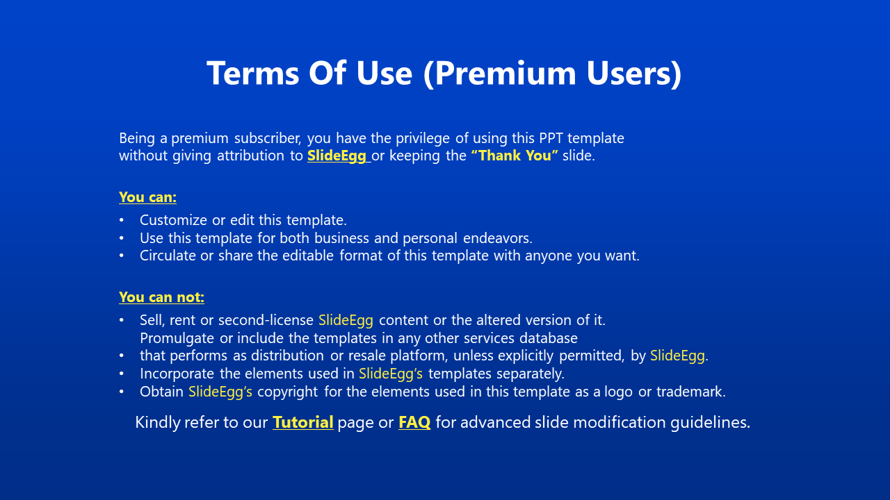 Terms of use for premium subscribers of SlideEgg, allowing customization and distribution of templates on a blue theme.
