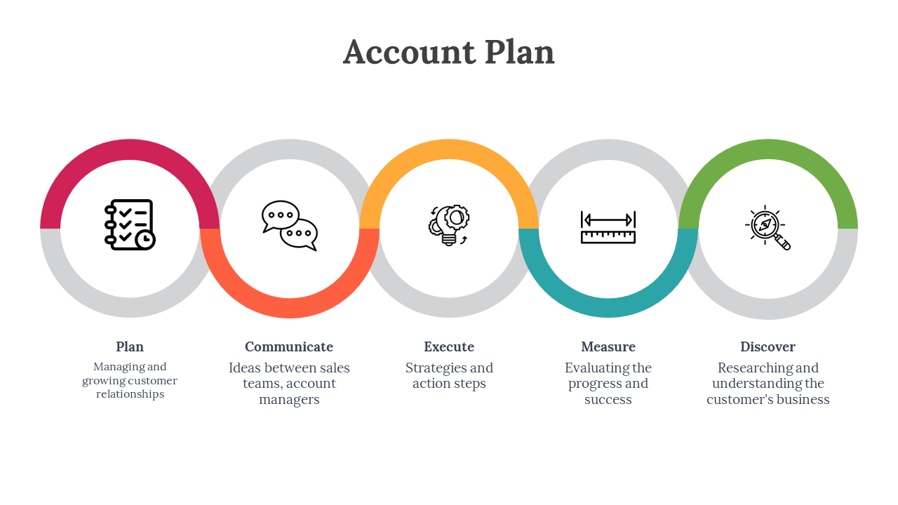 Infographic diagram representing the five color coded steps of the Account Plan each with an icon and description.