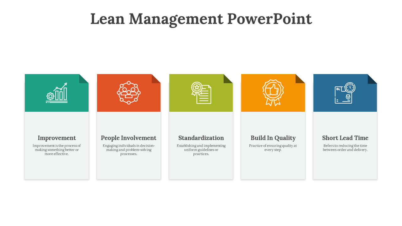 Lean Management slide featuring five principles with color coded boxes and icons with descriptions on a white backdrop.