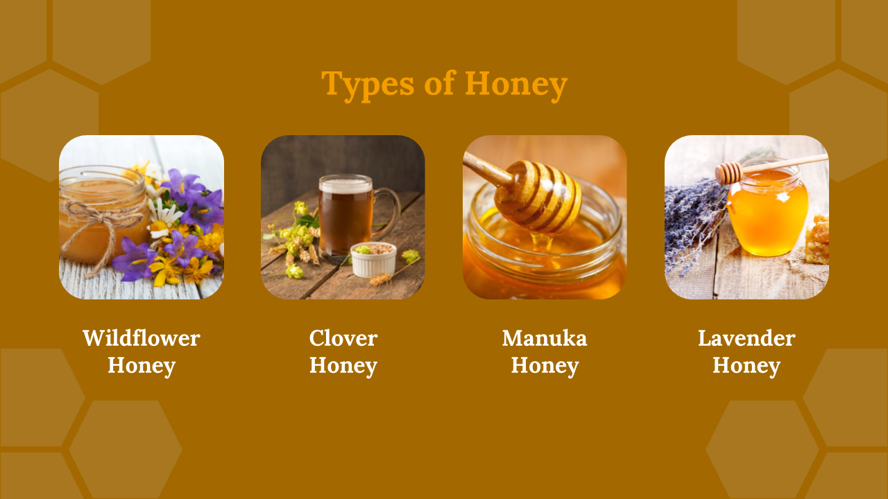 Four types of honey displayed wildflower honey with flowers, clover honey with tea, manuka honey with a honey dipper.