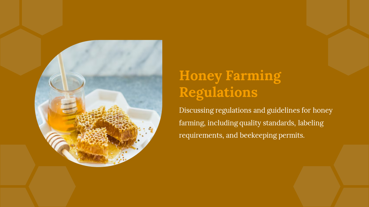 Honey jar and comb on a plate, with a discussion of honey farming regulations, including labeling and beekeeping permits.