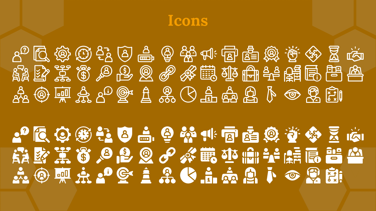 A variety of white icons related to business, teamwork, and technology, displayed on a honeycomb patterned background.