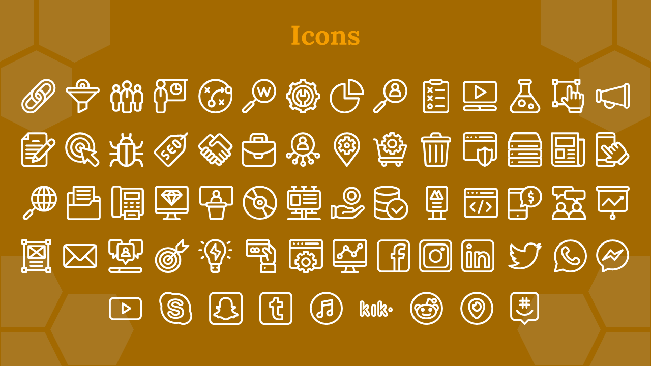 Variety of white icons representing communication, technology, and social media, on a honeycomb patterned background.