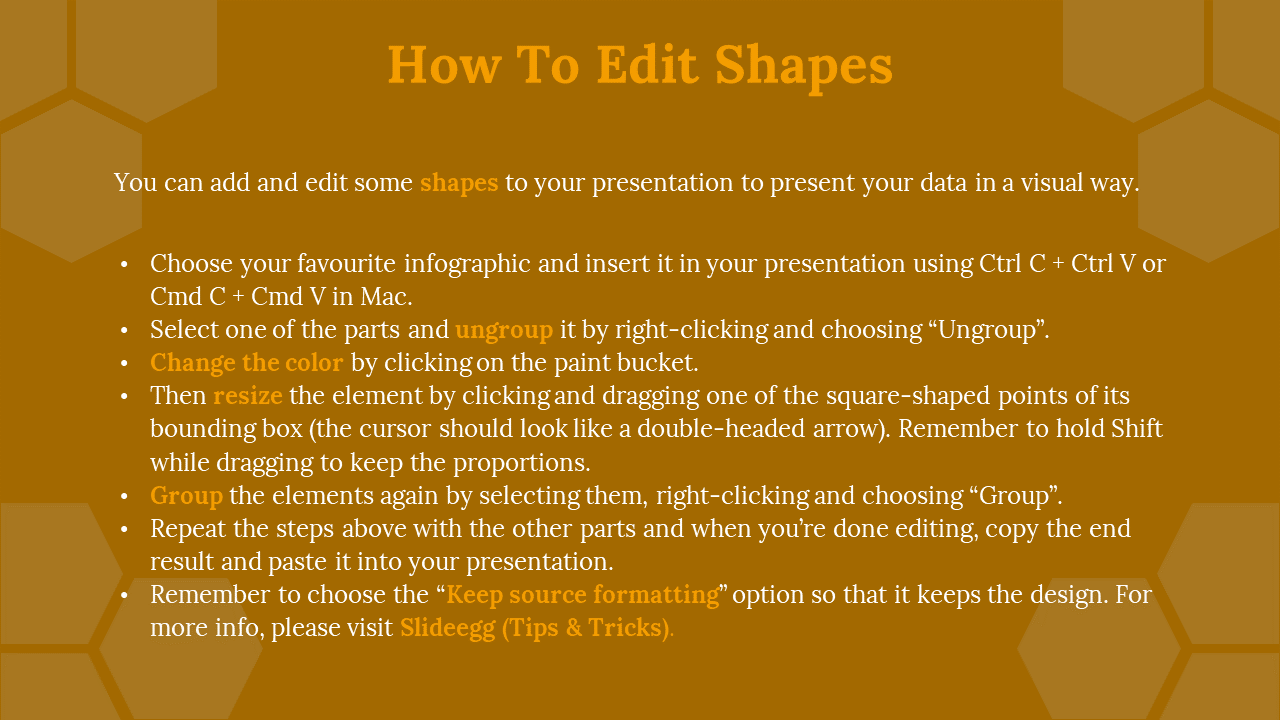 A tutorial on how to edit shapes in a presentation, with steps displayed against a honeycomb background.