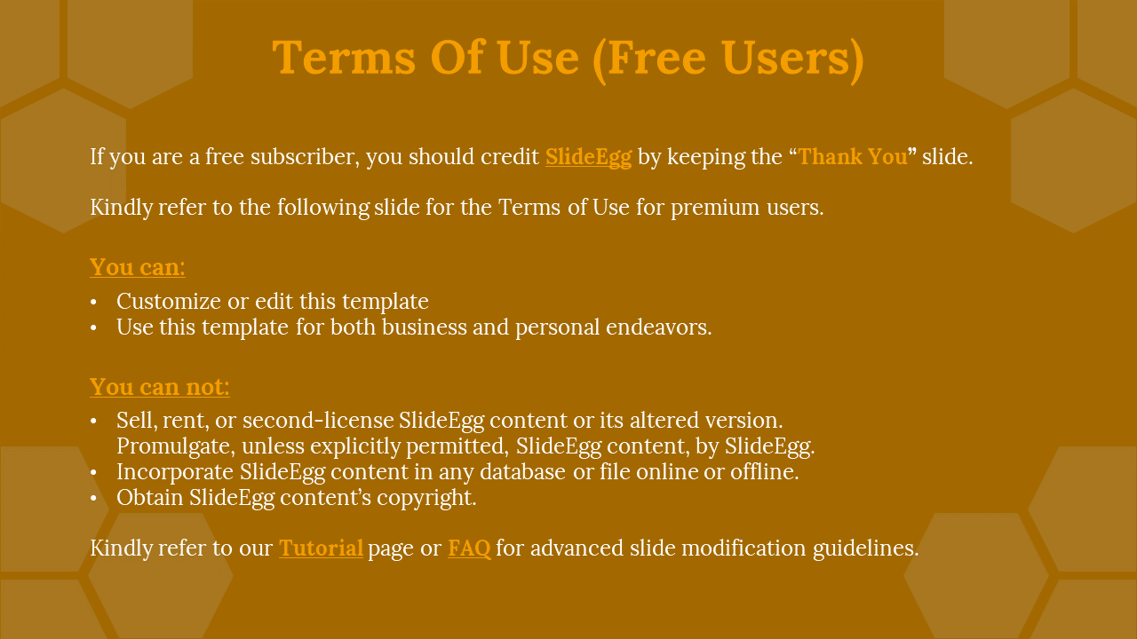 Terms of use for free users, outlining customization rights with a honeycomb background.