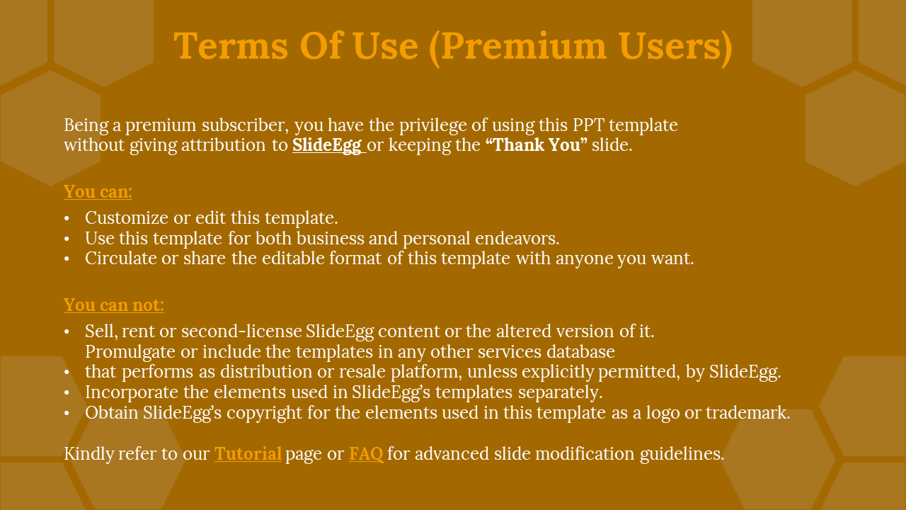 Terms of use for premium users, outlining privileges like customization and distribution, set against a honeycomb background.