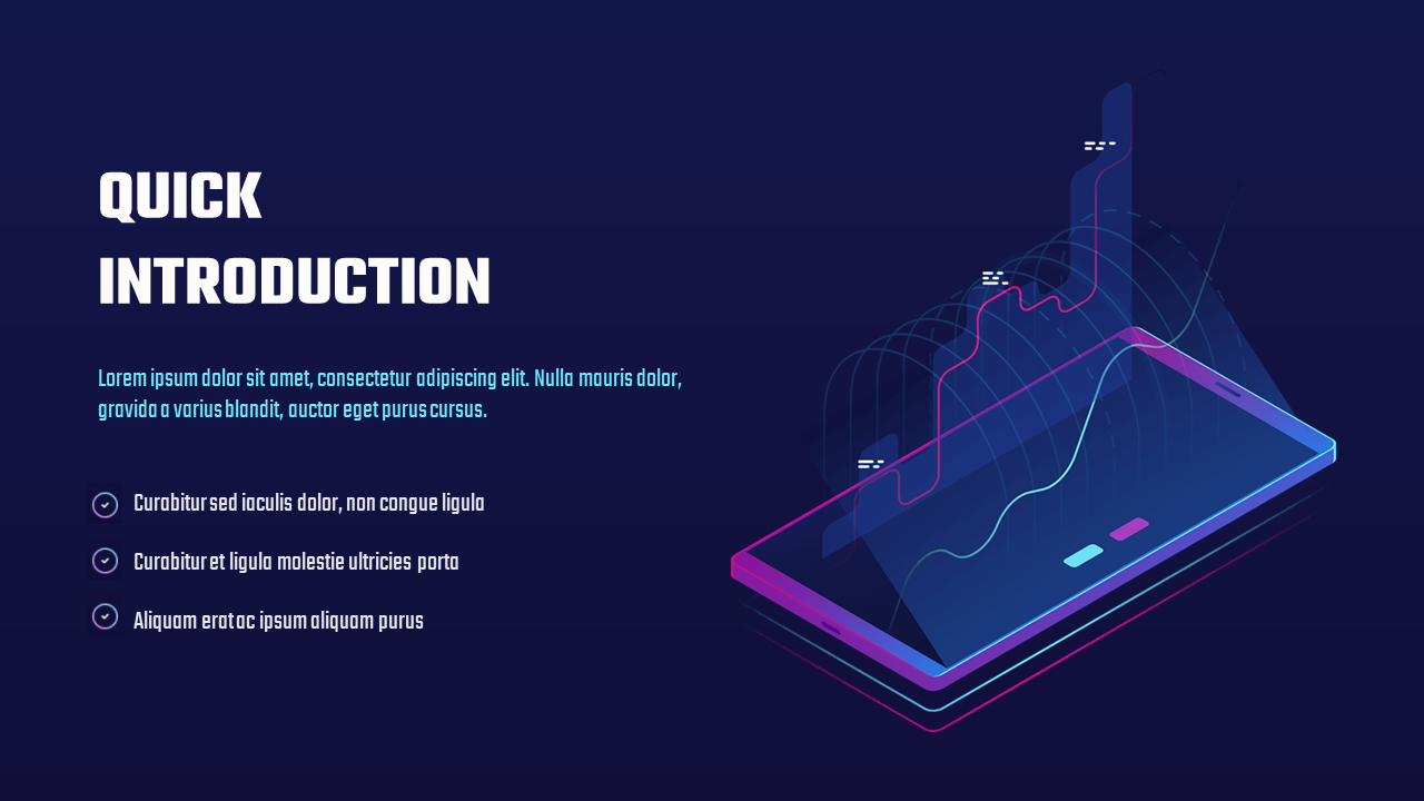 A dark blue slide with the title and an isometric illustration of a smartphone displaying a rising line graph on the right.