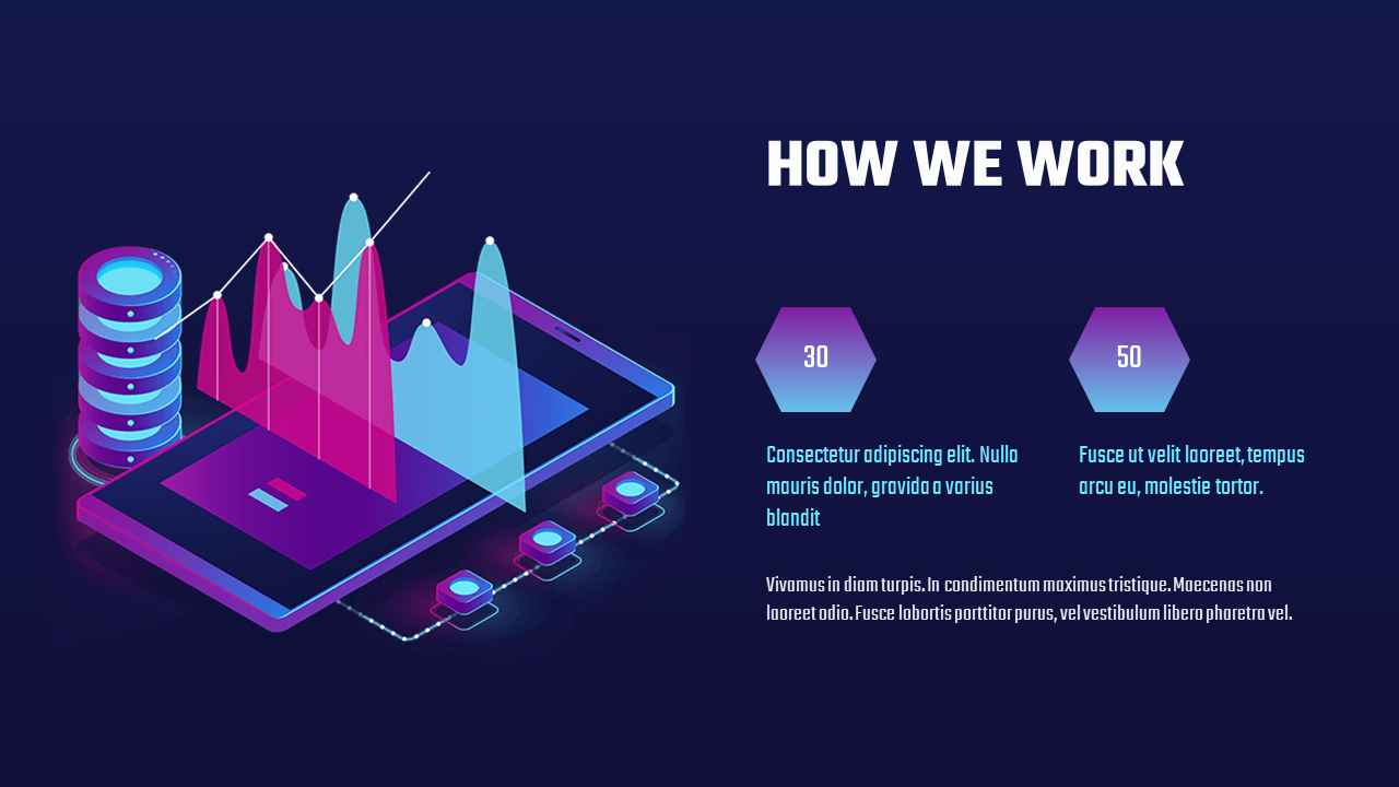 A dark blue slide and two hexagonal callouts and an isometric illustration show a tablet displaying a line graph and server.
