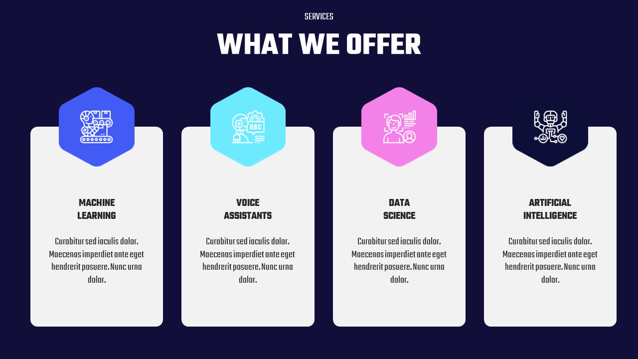 A dark blue slide displays four vertical sections in color coded hexagonal icons above descriptive text.