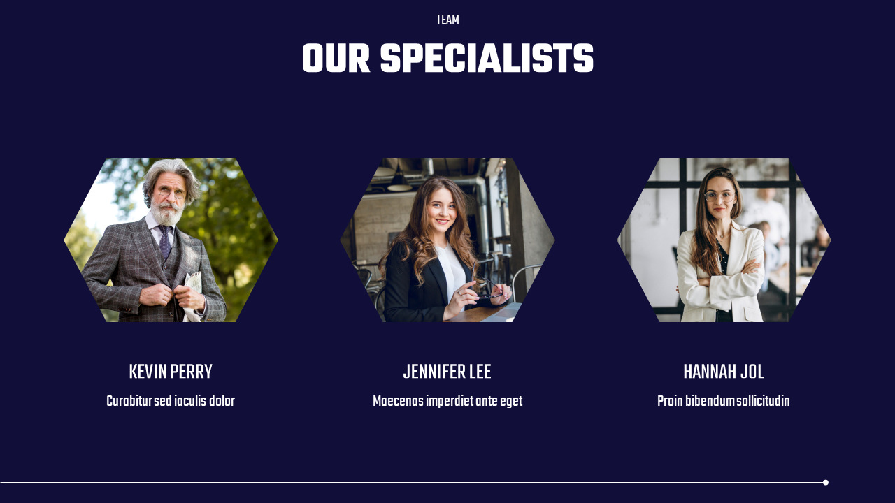 A dark blue slide showcases headshots of three individuals in hexagonal frames each with brief description below their name.