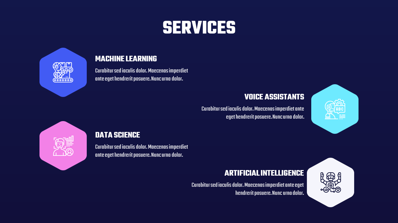 A dark blue slide displaying four color coded hexagonal icons with descriptions.