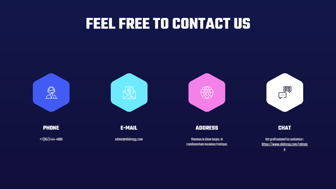 A dark blue slide displays four contact methods with hexagonal icons each with corresponding details.