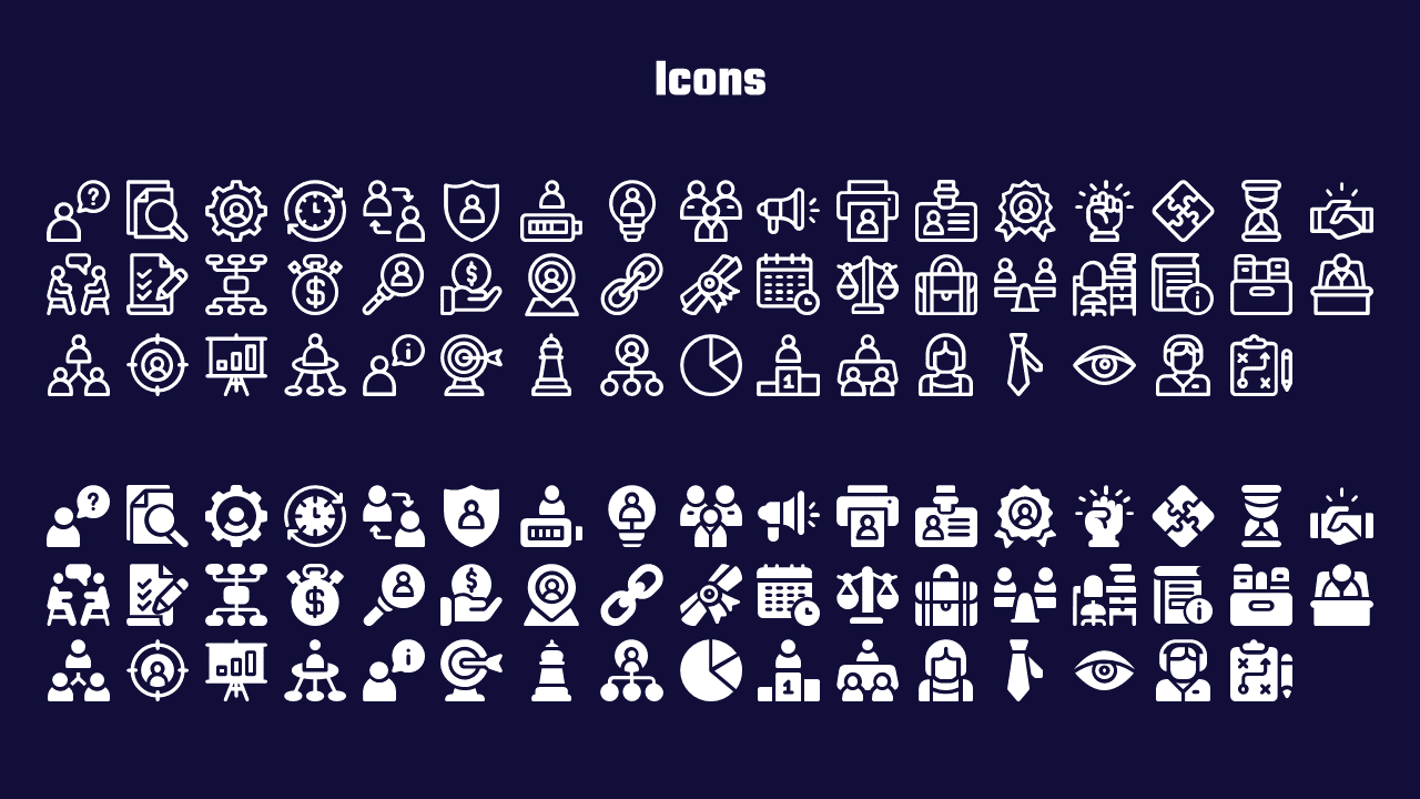 A dark blue slide with icons displays two rows of white linear icons representing various business and office concepts.