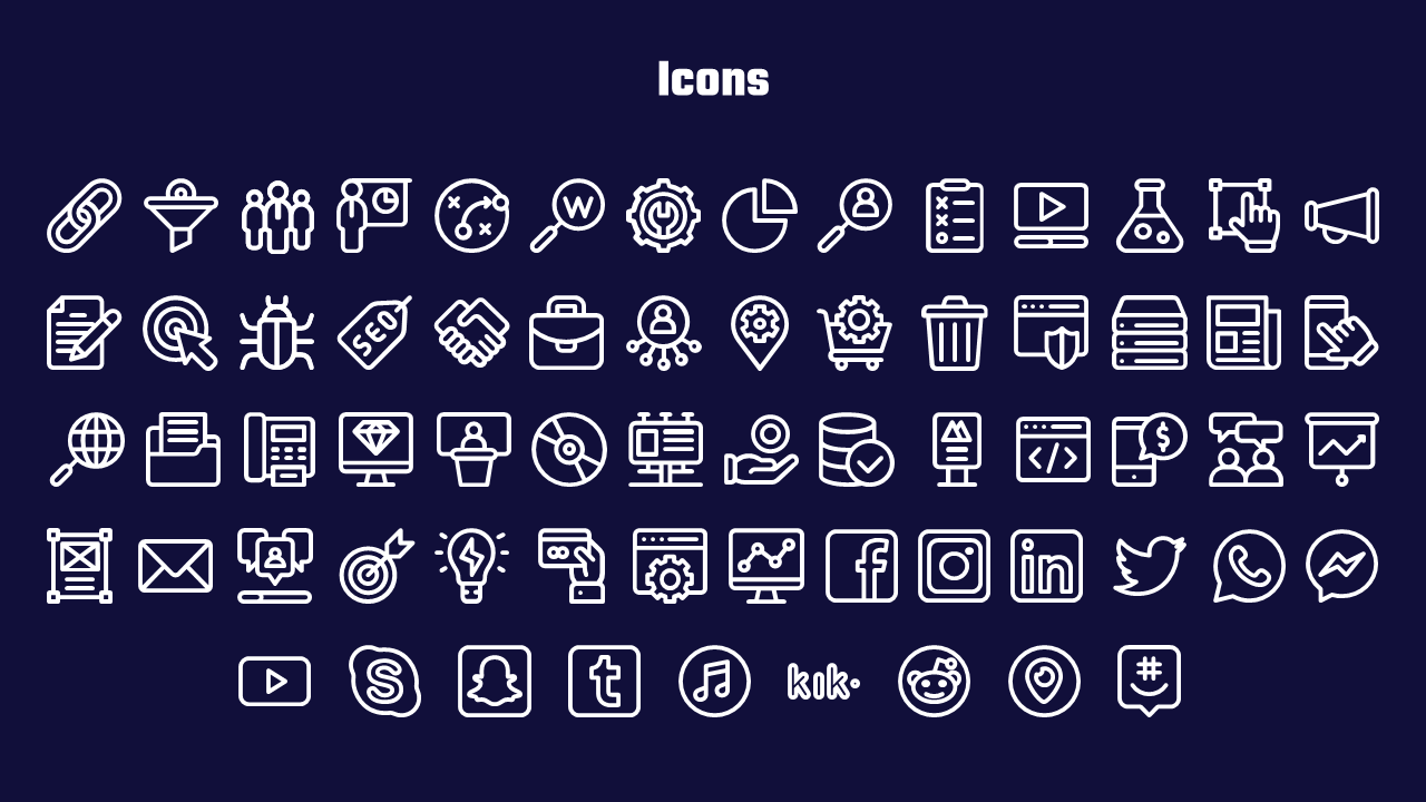 A dark blue slide displays rows of white outline icons related to SEO, marketing, business, social media and web development.
