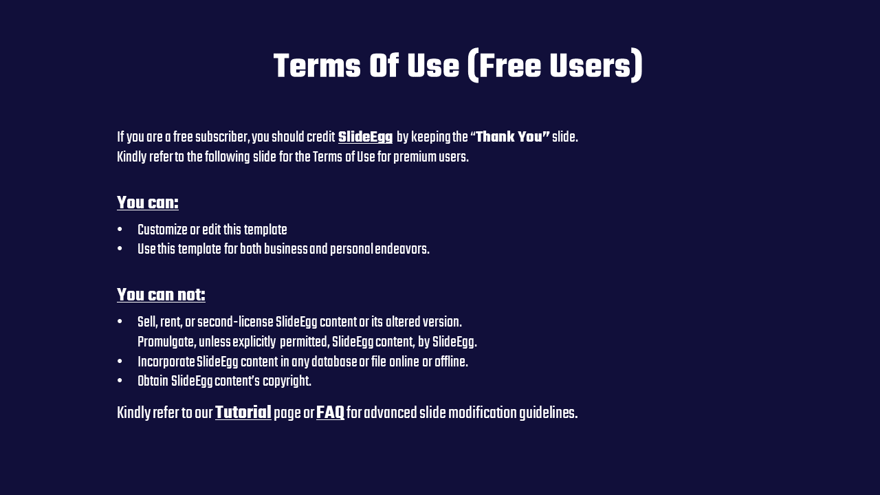 A dark blue slide titled Terms Of Use Free Users outlines what free users can and cannot do with the template.