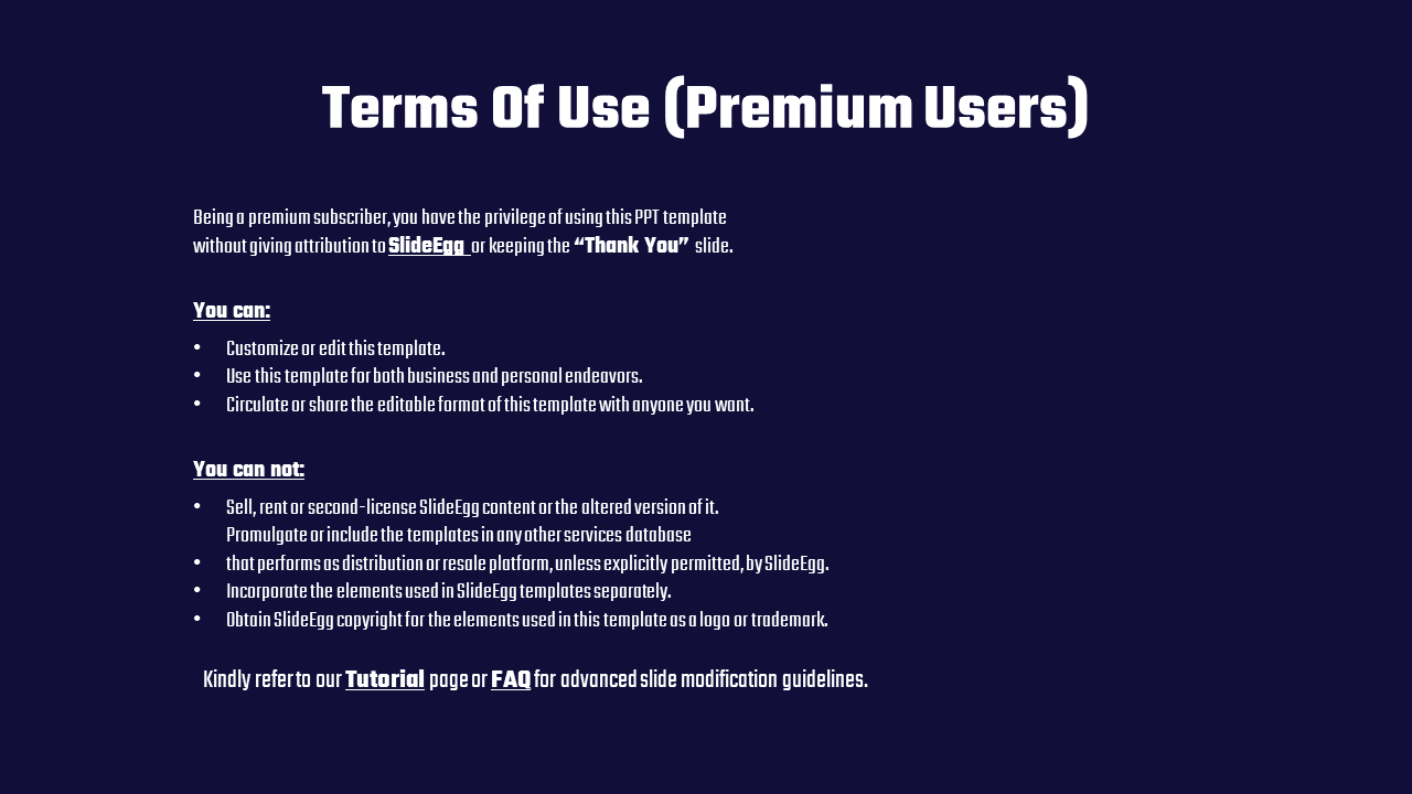 A dark blue slide titled Terms Of Use Premium Users details the usage privileges for premium subscribers.