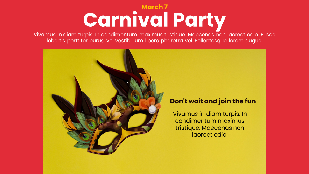 A red and yellow Carnival Party invitation for March 7th, featuring a decorative masquerade mask with feathers.
