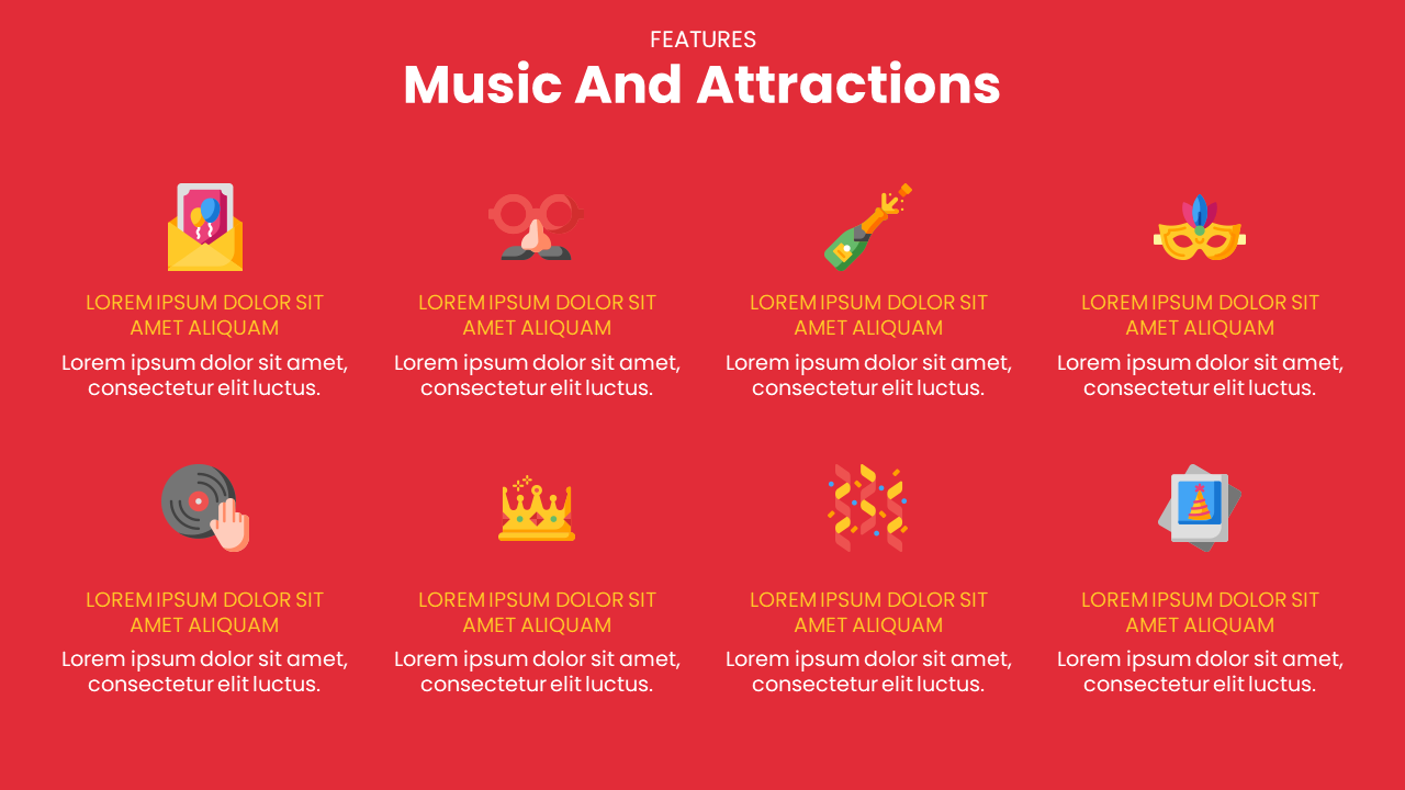 A red slide titled Music and Attractions displays eight icons with placeholder text.