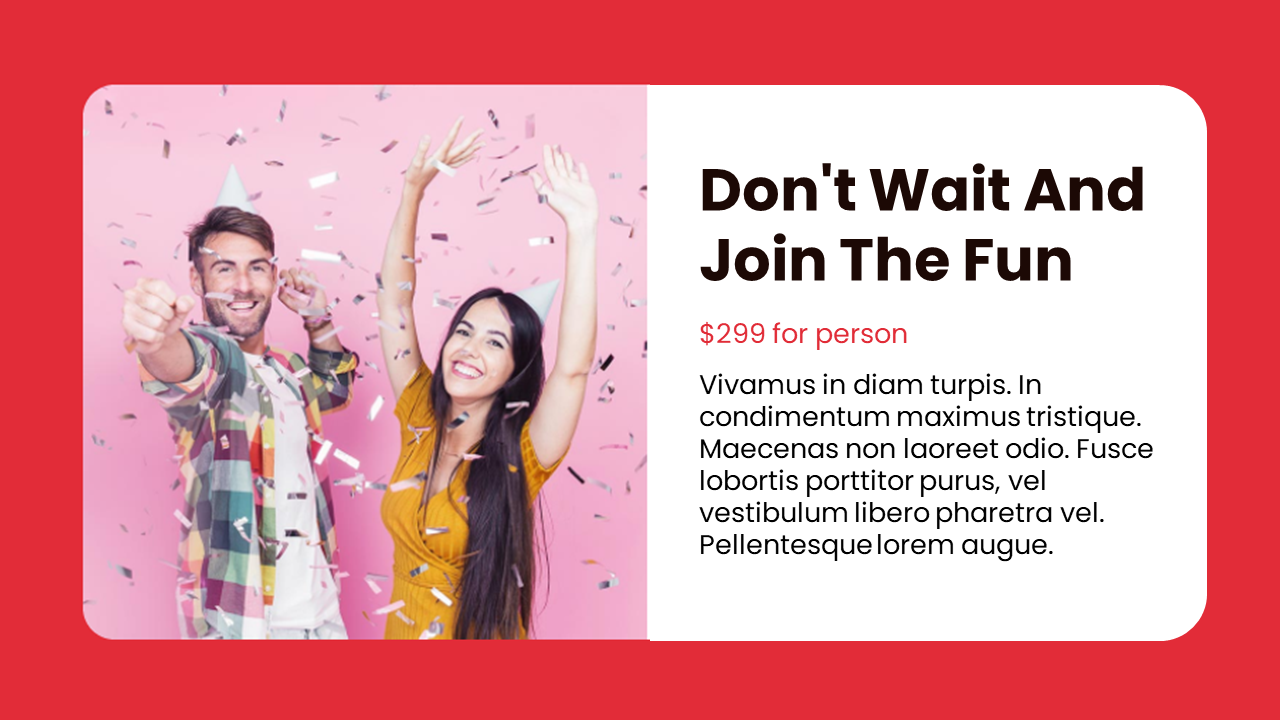 A pink and white invitation with placeholder text and two joyful individuals amidst falling confetti on a red backdrop.