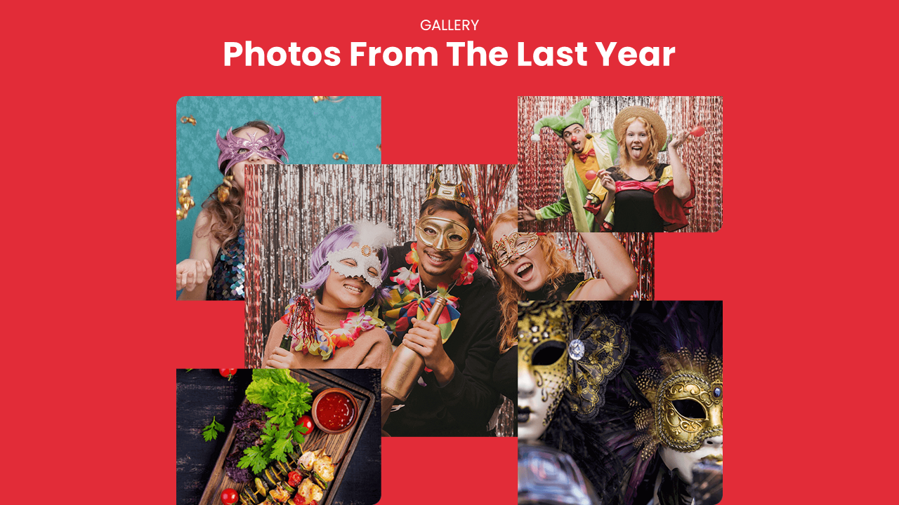 A red gallery slide displays a collage of five images featuring people in festive attire, masks, and party settings.