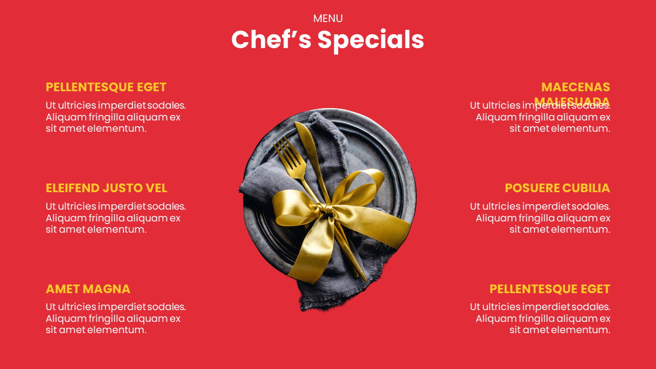 A red menu slide features a central image of a gold fork and knife tied with a gold ribbon on a gray plate with 6 sections.
