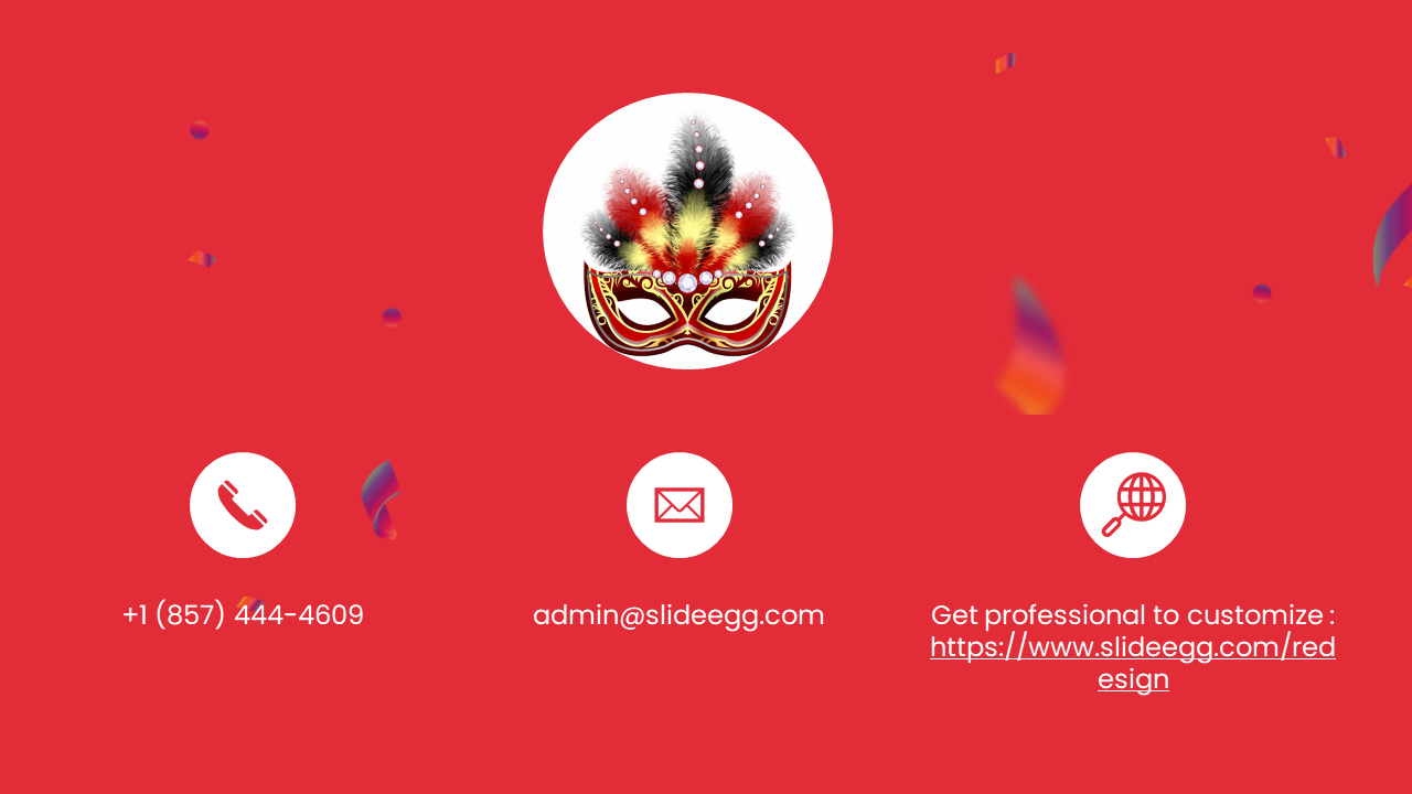 A red contact slide with a central circular image of a feathered Venetian carnival mask with contact details.