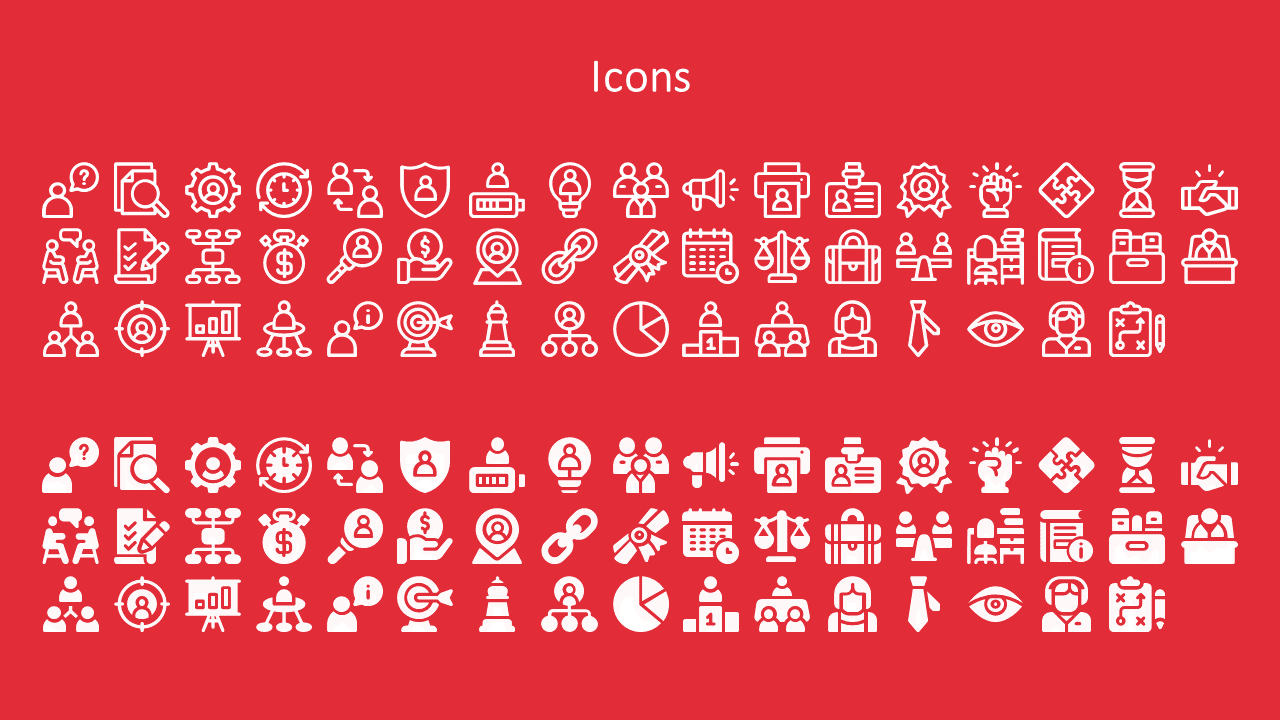A red slide displays two rows of white linear icons representing various business and office concepts.