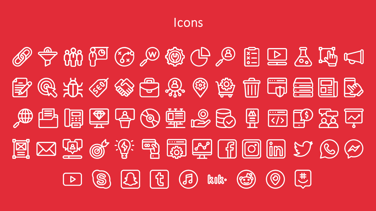 A red slide displays rows of white outline icons related to SEO, marketing, business, social media, and web development.