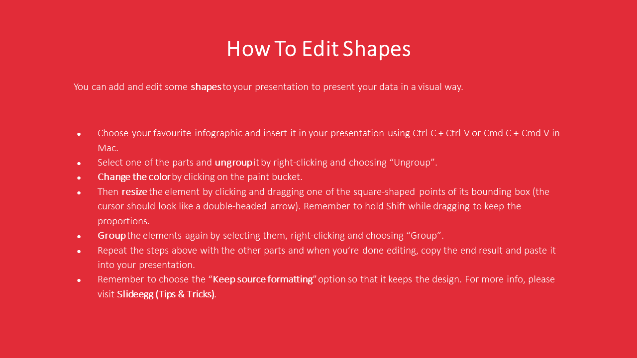 A red slide How To Edit Shapes provides instructions on editing shapes in a presentation.